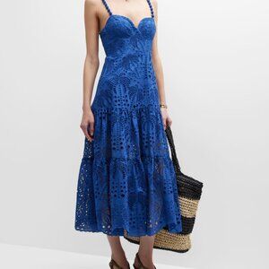 farm rio - richilier eyelet palm midi dress - deep blue cotton xs